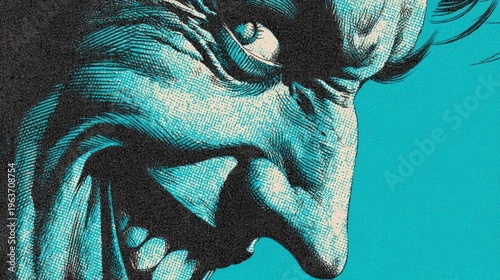 Villain Sinister Grin with Bold Black Outlines and Halftone Shading on Turquoise Background