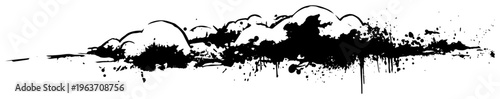 Minimalist black and white vector sketch of fluffy clouds and horizon line with artistic ink splatters