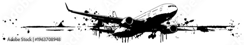 Black and white vector drawing of a commercial airplane with artistic ink splatters and grunge textures