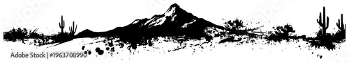 Panoramic black and white ink splatter vector illustration of a desert landscape with mountains and cacti