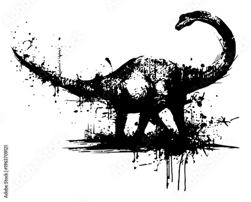 Grungy black and white vector sketch of a long neck brachiosaurus dinosaur with artistic ink splatters