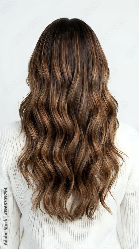 Naklejka premium Woman with long wavy brown hair with caramel highlights viewed from behind wearing white sweater against neutral background for hair salon marketing.