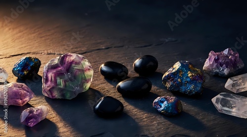 Collection of healing crystals and gemstones including amethyst, fluorite, and obsidian arranged on rustic wooden surface for spiritual wellness practices.
