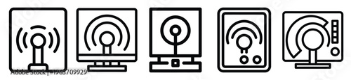 broadcast architecture editable stroke outline icons set isolated on white background flat vector illustration.
