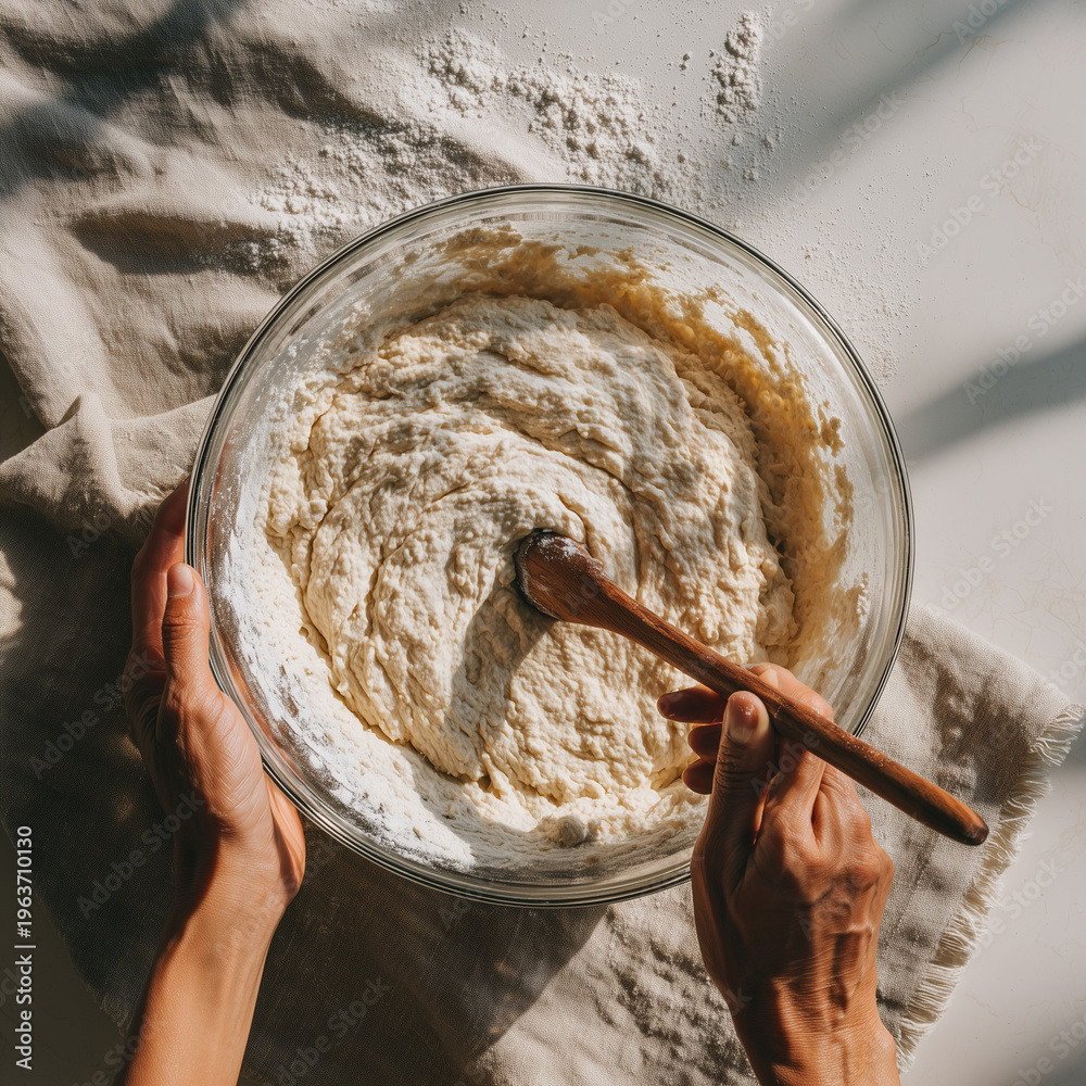 Fototapeta premium stirring sourdough starter with wooden spoon