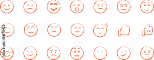 Orange outline hand drawn smiley faces and thumbs up gestures on grid background