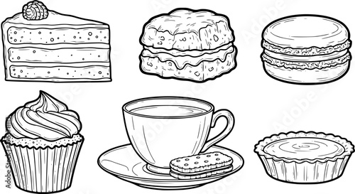 Tea party dessert set outline sketch vector illustration
