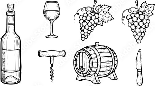 Wine set with grapes and barrel outline sketch vector illustration
