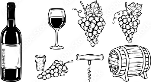 Wine set with grapes and barrel outline sketch vector illustration
