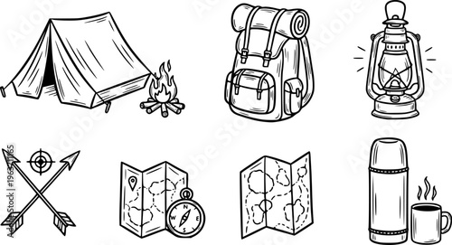Camping elements set outline sketch vector illustration
