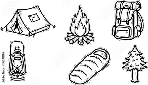 Camping elements set outline sketch vector illustration
