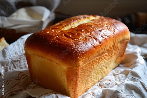 Golden brown loaf of bread sits on a white cloth, showcasing its texture and freshness