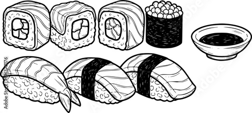 Sushi set with soy sauce outline sketch vector illustration
