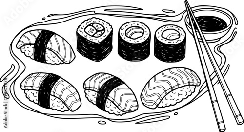 Sushi set with soy sauce outline sketch vector illustration
