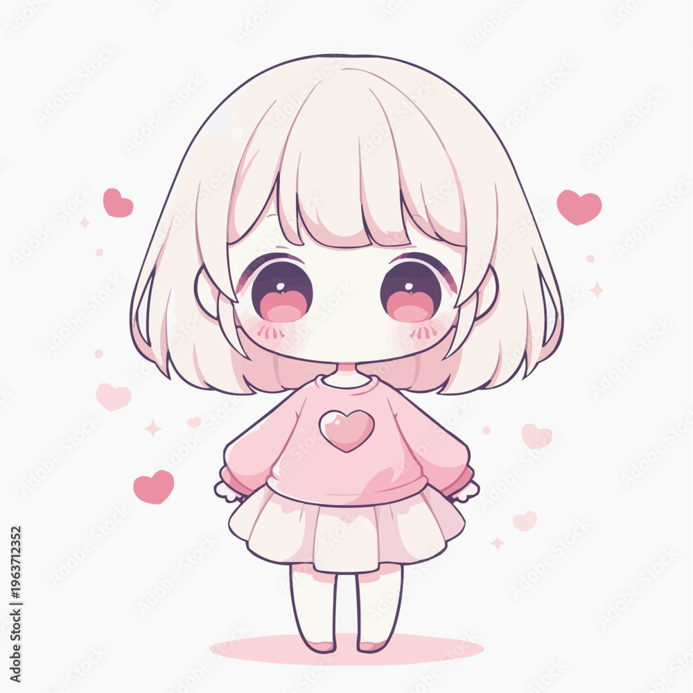 Fototapeta premium ピンクの衣装を着たかわいいちびアニメ少女のフラットベクターイラスト。子供服やSNS、カワイイ系デザインに最適。 Flat vector illustration of a cute chibi anime girl in a pink outfit, perfect for children's apparel, social media, or kawaii-themed designs.