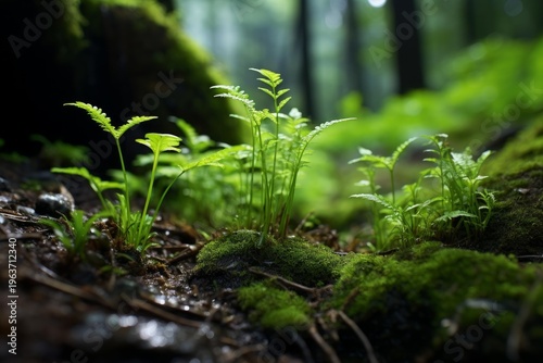 Young fern plants thriving among moss and fallen leaves in a damp forest