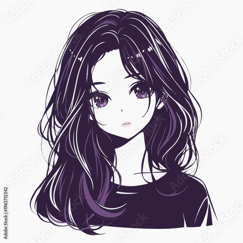 長い黒髪のかわいいアニメ少女のフラットベクターイラスト。Tシャツプリントやグッズ、SNSアバターに最適。
Flat vector illustration of a cute anime girl with long dark hair, perfect for t-shirt prints, merchandise, or social media avatars