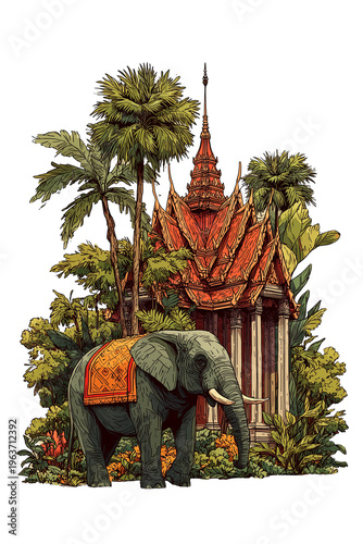 Illustration of a Thai temple overgrown with vegetation, next to a large elephant isolated on a cutout PNG transparent background