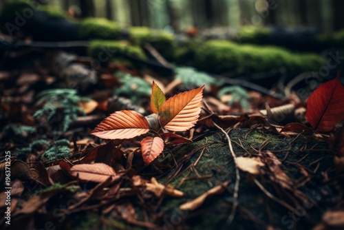 Young plant growing amidst fallen leaves and vibrant moss in a dense forest