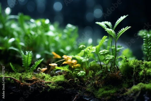Lush green moss and ferns growing on a dark forest floor under soft light
