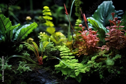 Lush green and red tropical plants thriving in a natural terrarium environment
