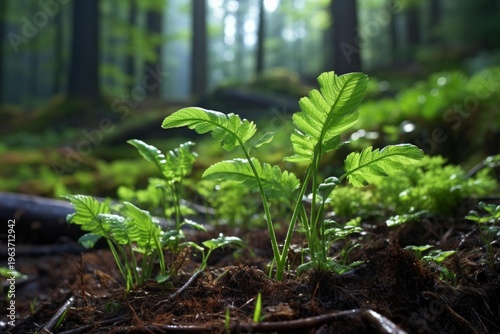 Young fern plants thriving in rich soil, reaching for morning light in a woodland ecosystem