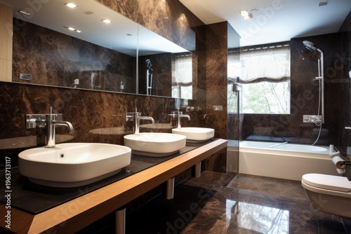 Modern bathroom interior showcasing a spacious layout with twin basins, a large mirror, and a bathtub