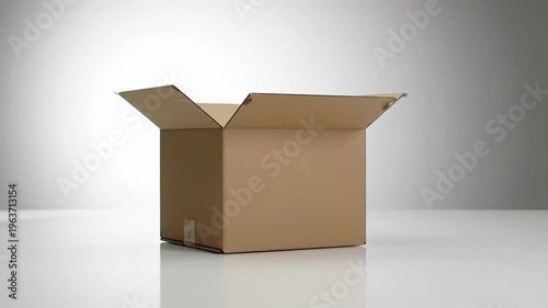 Wallpaper Mural Slow cinematic push-in on a pristine, empty brown corrugated cardboard shipping box with open flaps on a glossy white studio surface with reflections. Concept of new beginnings Torontodigital.ca