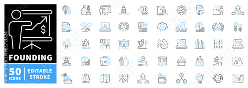 Business founding editable line icons set: startup, entrepreneur symbols