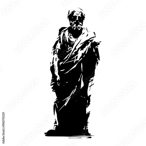 Black and white vector illustration of a standing ancient greek philosopher statue in robes