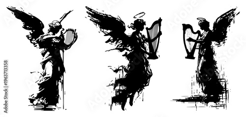 Set of three winged angels playing harps depicted in a rough black and white vector sketch style