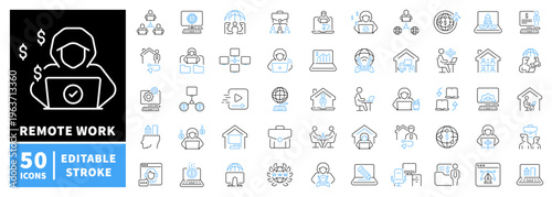 Remote work editable line icons set: telecommuting, home office symbols