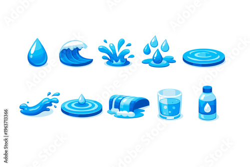 Collection of stylized water elements and icons in vibrant blue hues