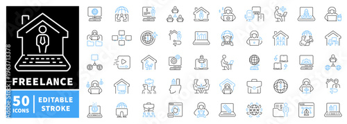 Freelance and remote work editable line icons set. home office and digital tools