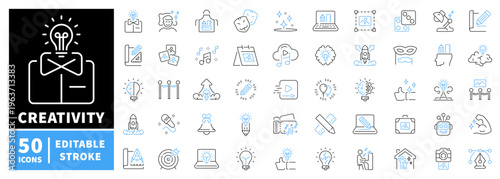 Creativity editable line icons set: design and innovation symbols, linear style