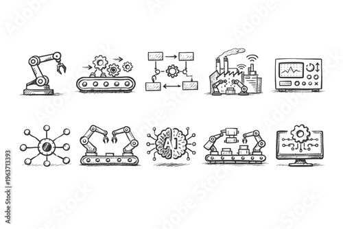 Collection of hand-drawn icons representing automation and industrial processes