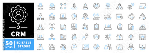 Crm editable line icons set: customer management and business solutions