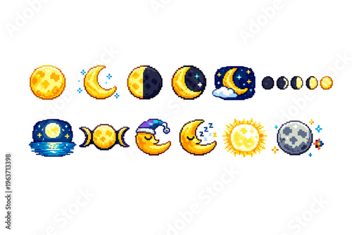 Pixel art collection of moon phases and celestial bodies with a retro aesthetic