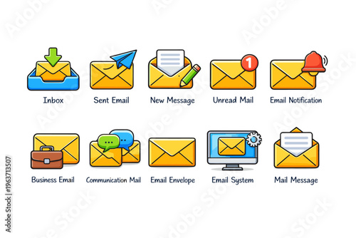 Collection of email icons representing various communication and notification functions