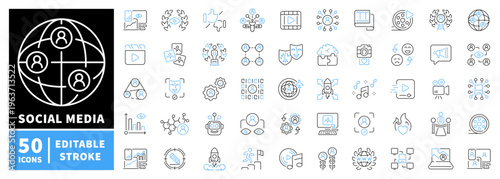 Social media editable line icons set. networking and content creation symbols
