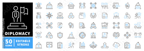 Diplomacy editable line icons set. global relations and peace symbols