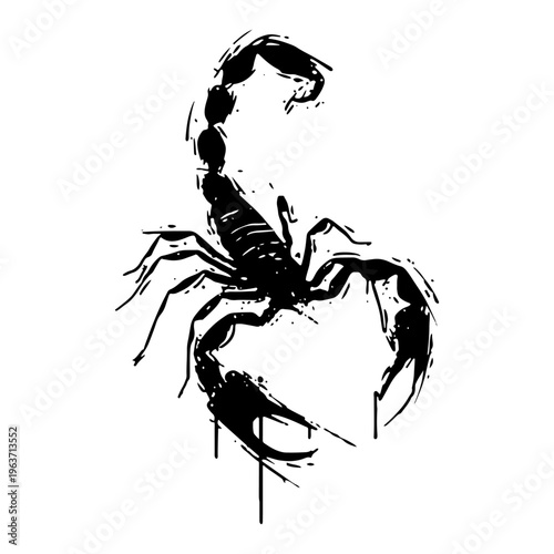 Black scorpion silhouette with pincers and tail in ink style