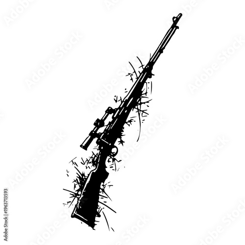 Canvas Print Sniper rifle with scope in black ink grunge stencil style