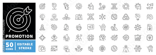 Promotion and marketing icons set - line, editable line icons, advertising symbols
