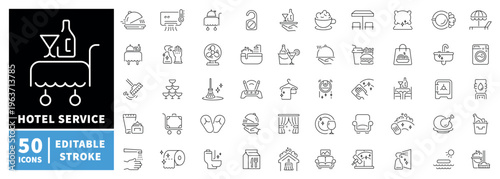 Hotel service icons set. editable line icons for amenities, hospitality, and travel