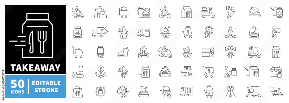 Fototapeta premium Takeaway and food delivery icons set. editable line icons, outline, fast service graphics