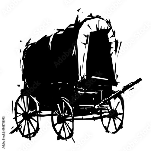 Historic pioneer covered wagon silhouette in rustic hand drawn style