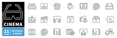 Cinema and movies icons set. editable line icons, outline, film, video symbols