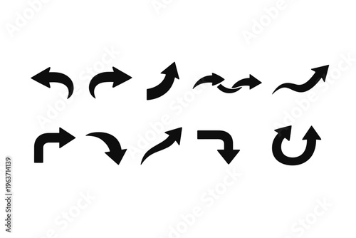 Collection of diverse black arrows indicating direction and movement on a white background