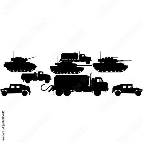 Collection of black silhouette illustrations of military vehicles including tanks, trucks, and humvees on a white background.